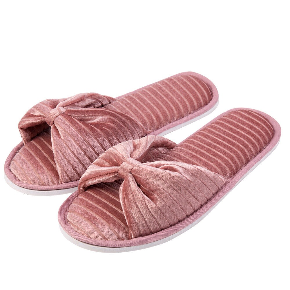 Aerusi Women Bow Open Toe Slide Memory Foam Velvet Slippers Non-Slip House Shoes