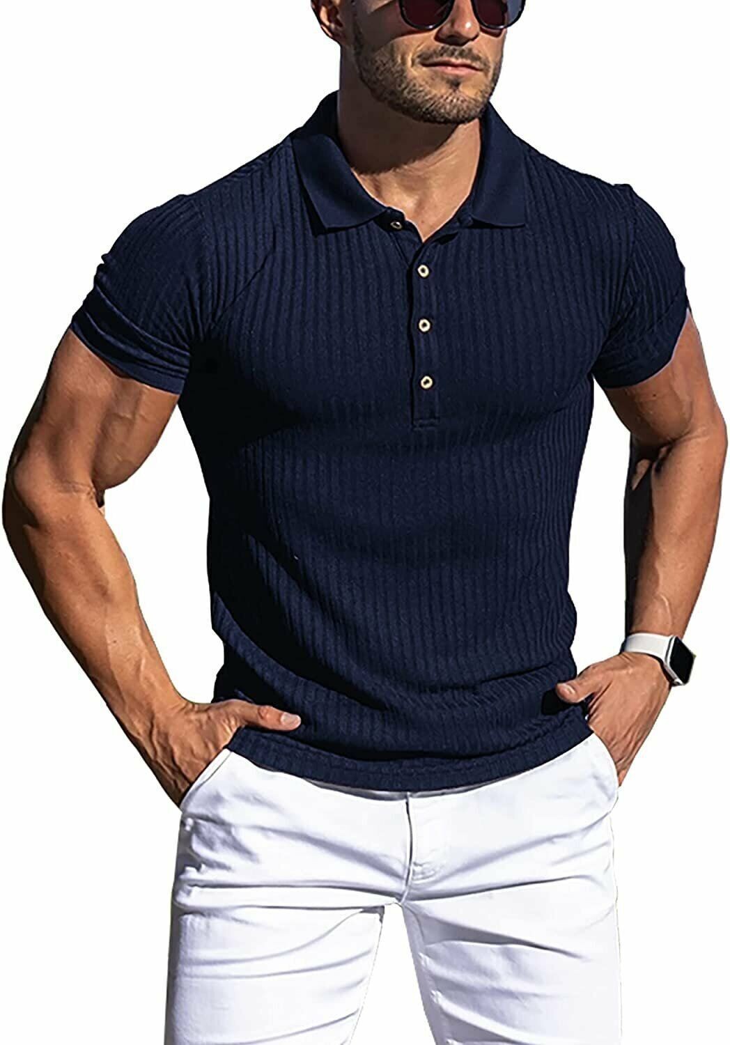 Men Short Sleeve Ribbed Muscle Polo Shirt Casual Slim Fit Stretch T-Shirt Top