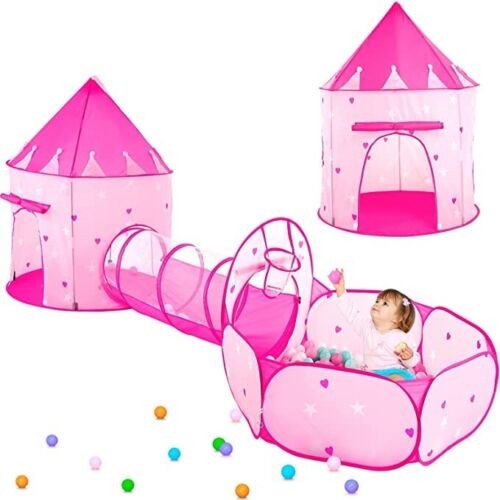 PigPigPen 3pc Kids Play Tent for Girls with Ball Pit, Crawl Tunnel, Princess Ten